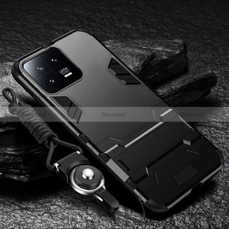 Silicone Matte Finish and Plastic Back Cover Case with Stand R01 for Xiaomi Mi 13 Pro 5G Black