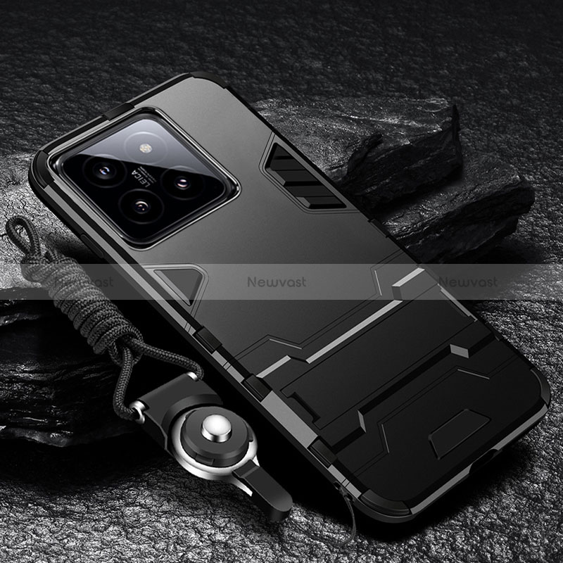 Silicone Matte Finish and Plastic Back Cover Case with Stand R01 for Xiaomi Mi 14 5G Black