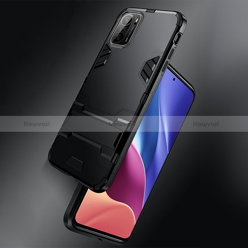 Silicone Matte Finish and Plastic Back Cover Case with Stand R01 for Xiaomi Poco F3 5G
