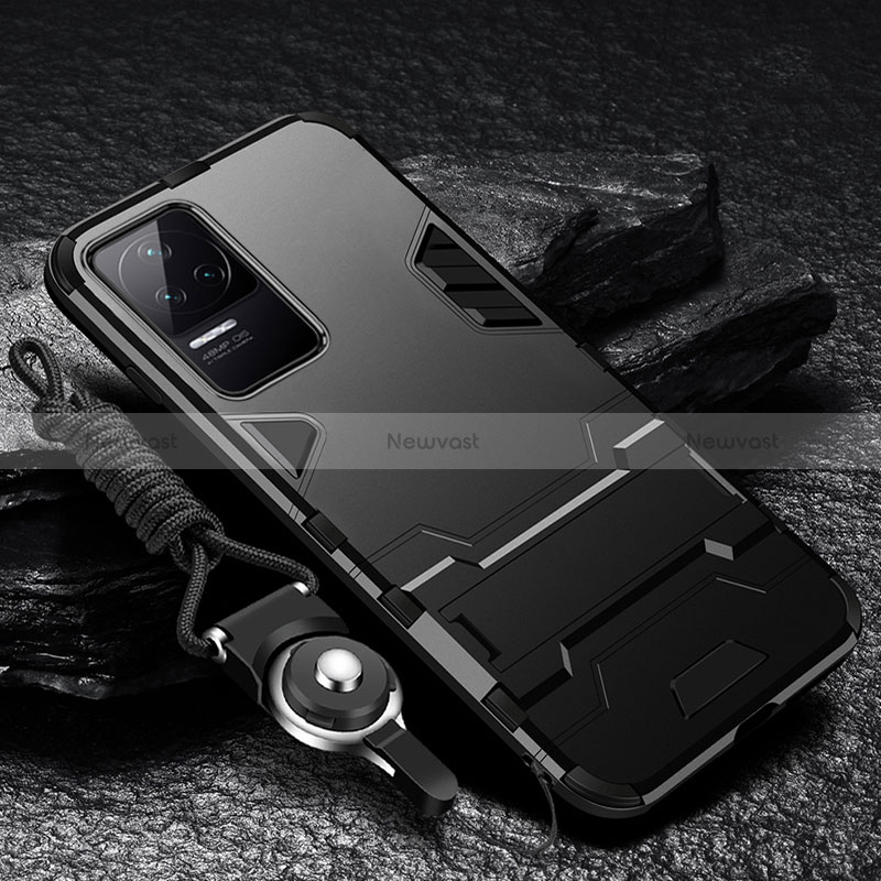 Silicone Matte Finish and Plastic Back Cover Case with Stand R01 for Xiaomi Poco F4 5G Black