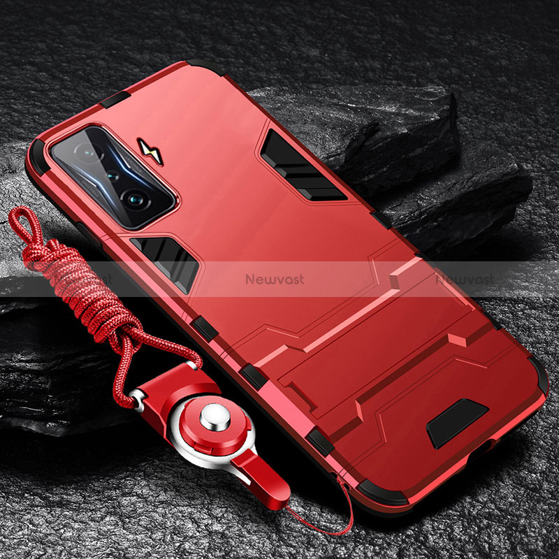 Silicone Matte Finish and Plastic Back Cover Case with Stand R01 for Xiaomi Poco F4 GT 5G Red