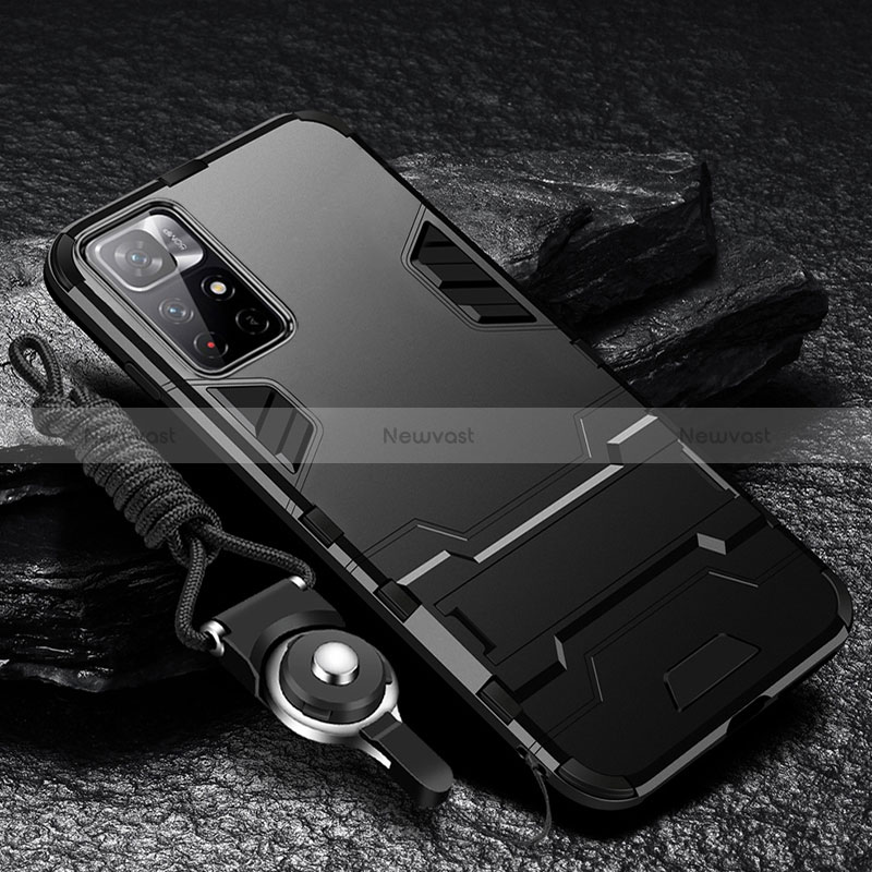 Silicone Matte Finish and Plastic Back Cover Case with Stand R01 for Xiaomi Poco M4 Pro 5G Black