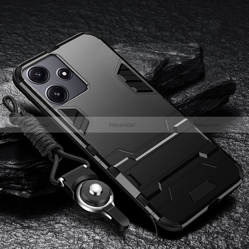 Silicone Matte Finish and Plastic Back Cover Case with Stand R01 for Xiaomi Poco M6 Pro 5G Black