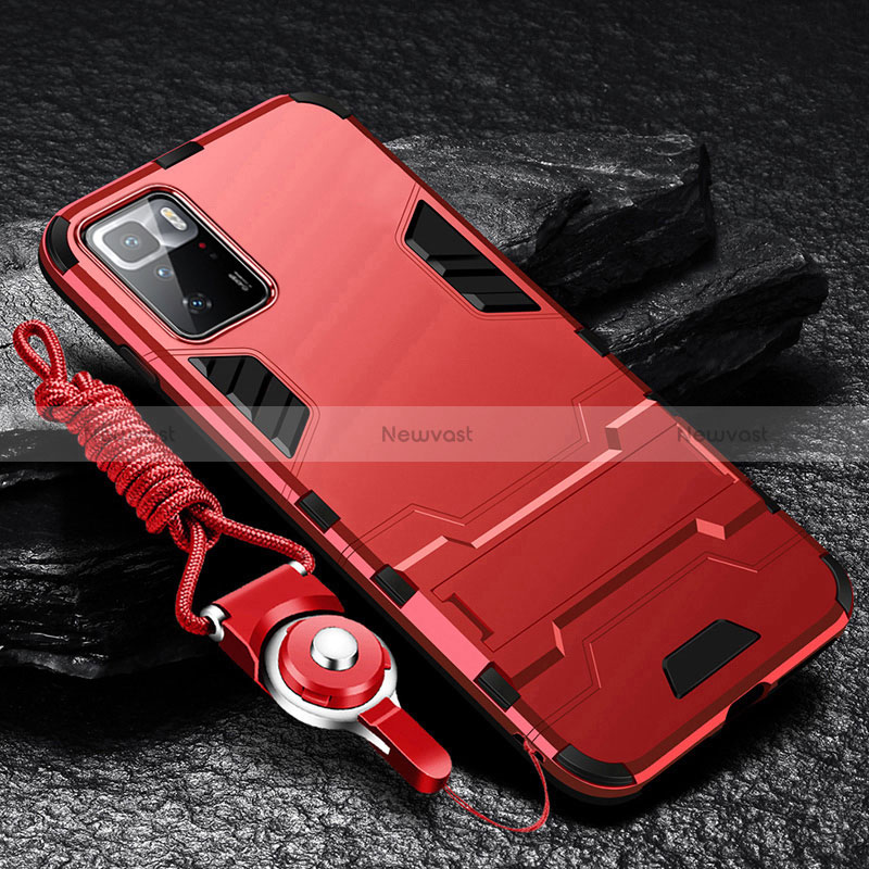 Silicone Matte Finish and Plastic Back Cover Case with Stand R01 for Xiaomi Poco X3 GT 5G Red