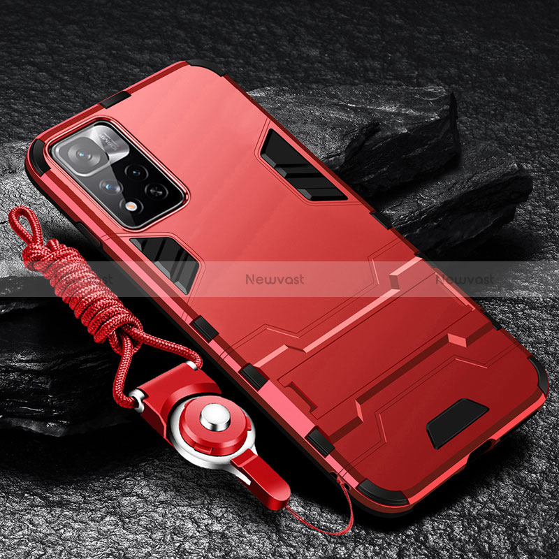 Silicone Matte Finish and Plastic Back Cover Case with Stand R01 for Xiaomi Poco X4 NFC Red