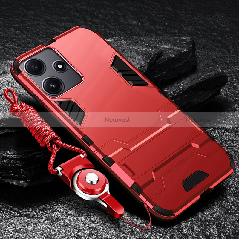 Silicone Matte Finish and Plastic Back Cover Case with Stand R01 for Xiaomi Redmi 12 5G Red