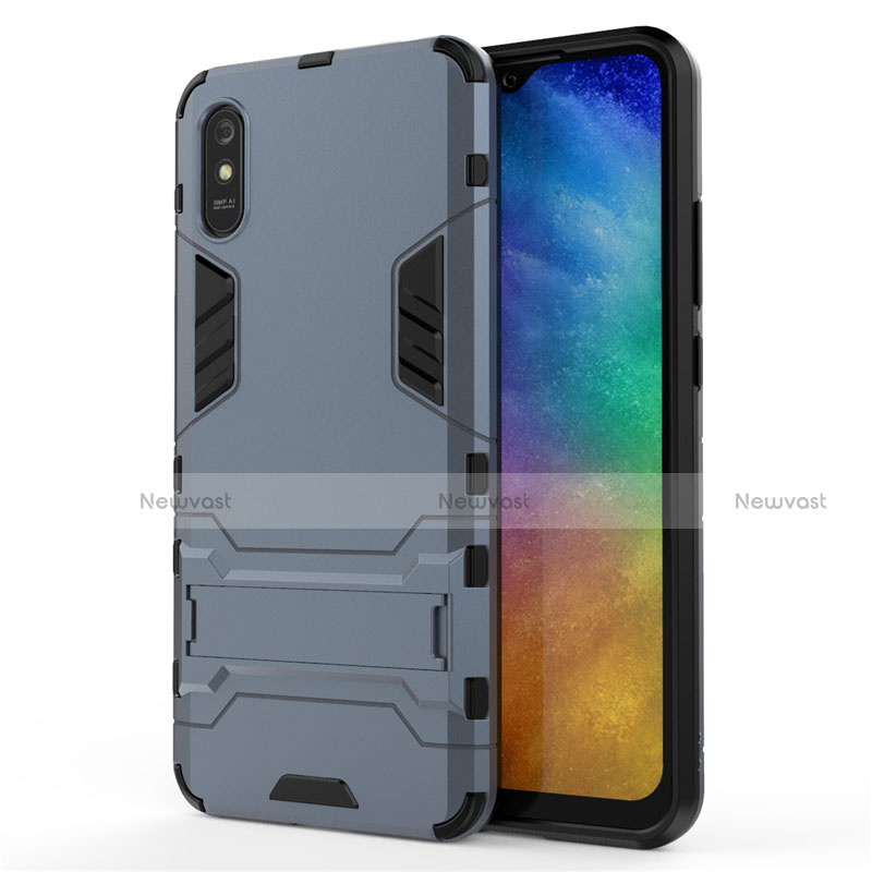 Silicone Matte Finish and Plastic Back Cover Case with Stand R01 for Xiaomi Redmi 9A Blue