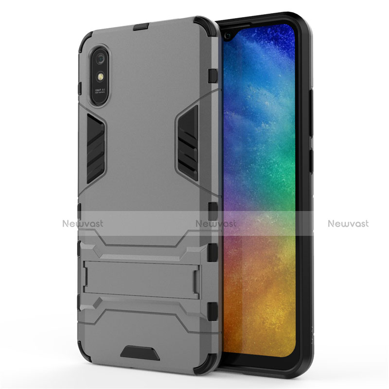 Silicone Matte Finish and Plastic Back Cover Case with Stand R01 for Xiaomi Redmi 9A Gray