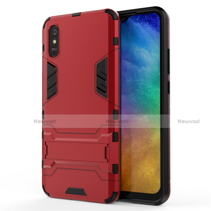 Silicone Matte Finish and Plastic Back Cover Case with Stand R01 for Xiaomi Redmi 9A Red