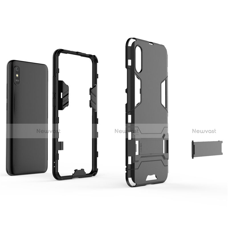 Silicone Matte Finish and Plastic Back Cover Case with Stand R01 for Xiaomi Redmi 9i