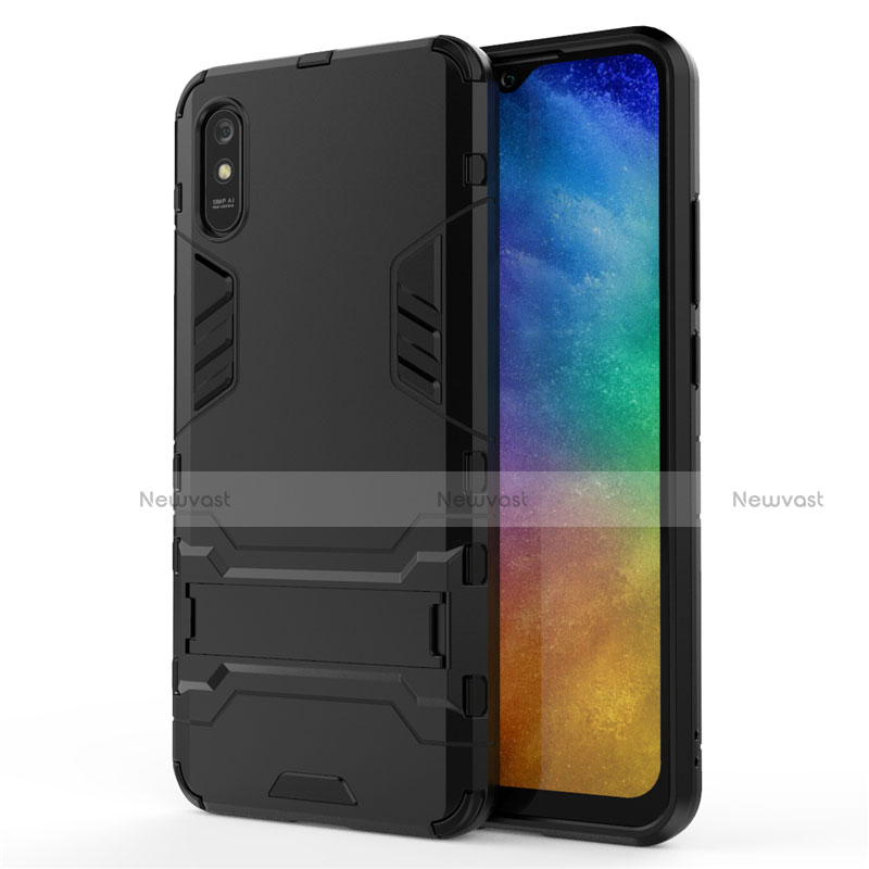 Silicone Matte Finish and Plastic Back Cover Case with Stand R01 for Xiaomi Redmi 9i Black