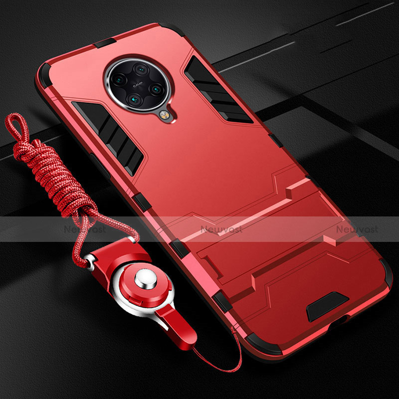 Silicone Matte Finish and Plastic Back Cover Case with Stand R01 for Xiaomi Redmi K30 Pro 5G Red