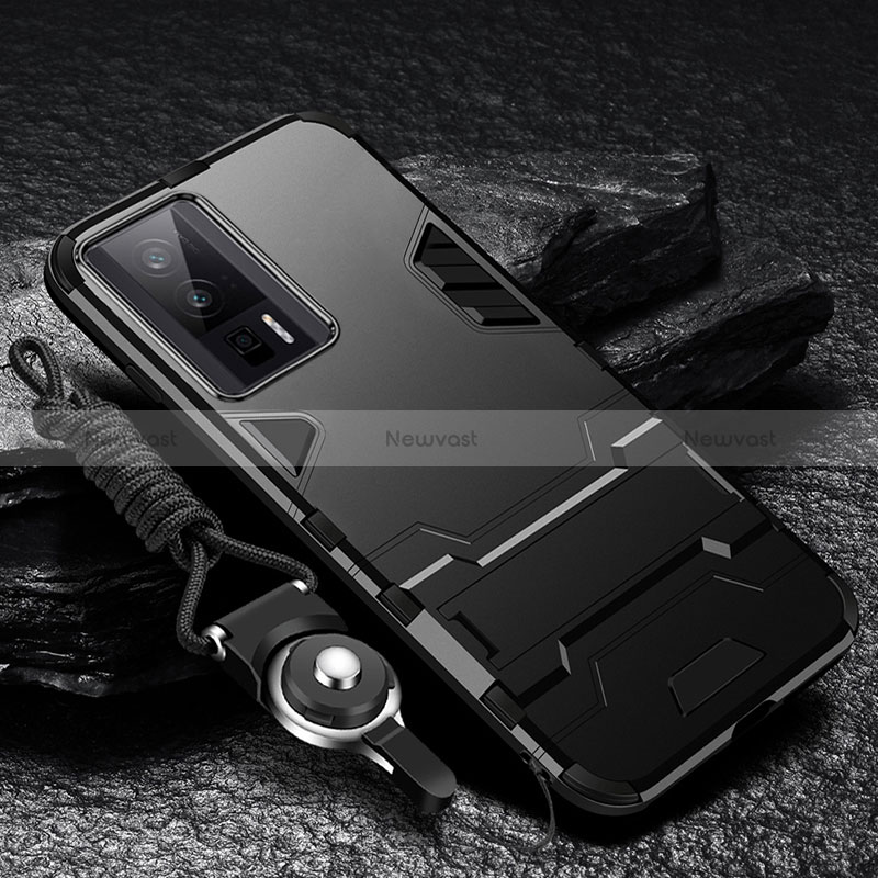 Silicone Matte Finish and Plastic Back Cover Case with Stand R01 for Xiaomi Redmi K60 5G Black