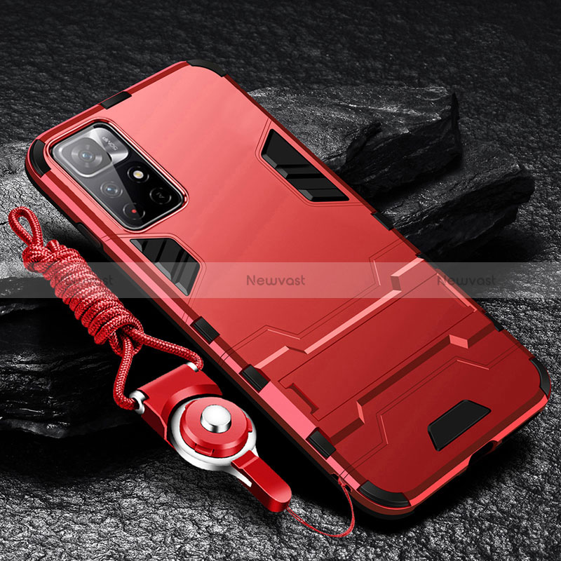 Silicone Matte Finish and Plastic Back Cover Case with Stand R01 for Xiaomi Redmi Note 11 5G Red