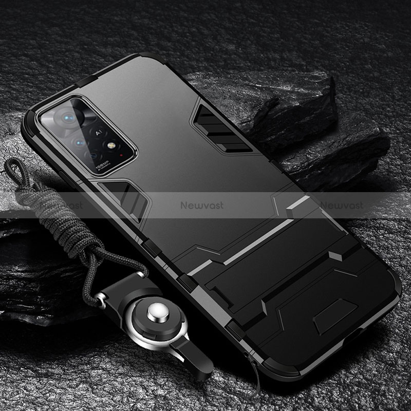 Silicone Matte Finish and Plastic Back Cover Case with Stand R01 for Xiaomi Redmi Note 11E Pro 5G Black