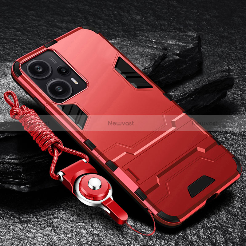 Silicone Matte Finish and Plastic Back Cover Case with Stand R01 for Xiaomi Redmi Note 12 Turbo 5G Red