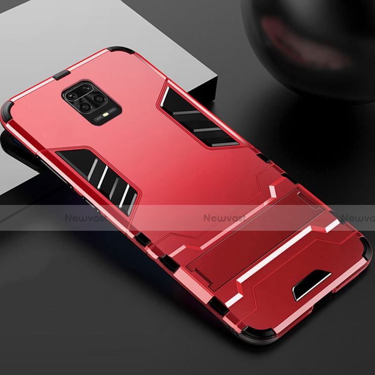 Silicone Matte Finish and Plastic Back Cover Case with Stand R01 for Xiaomi Redmi Note 9S Red