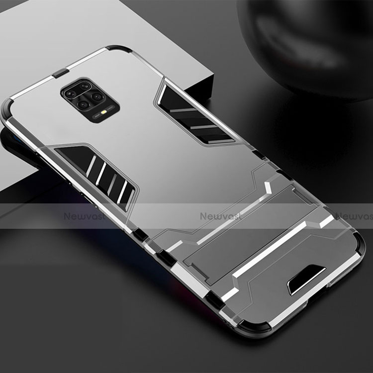 Silicone Matte Finish and Plastic Back Cover Case with Stand R01 for Xiaomi Redmi Note 9S Silver