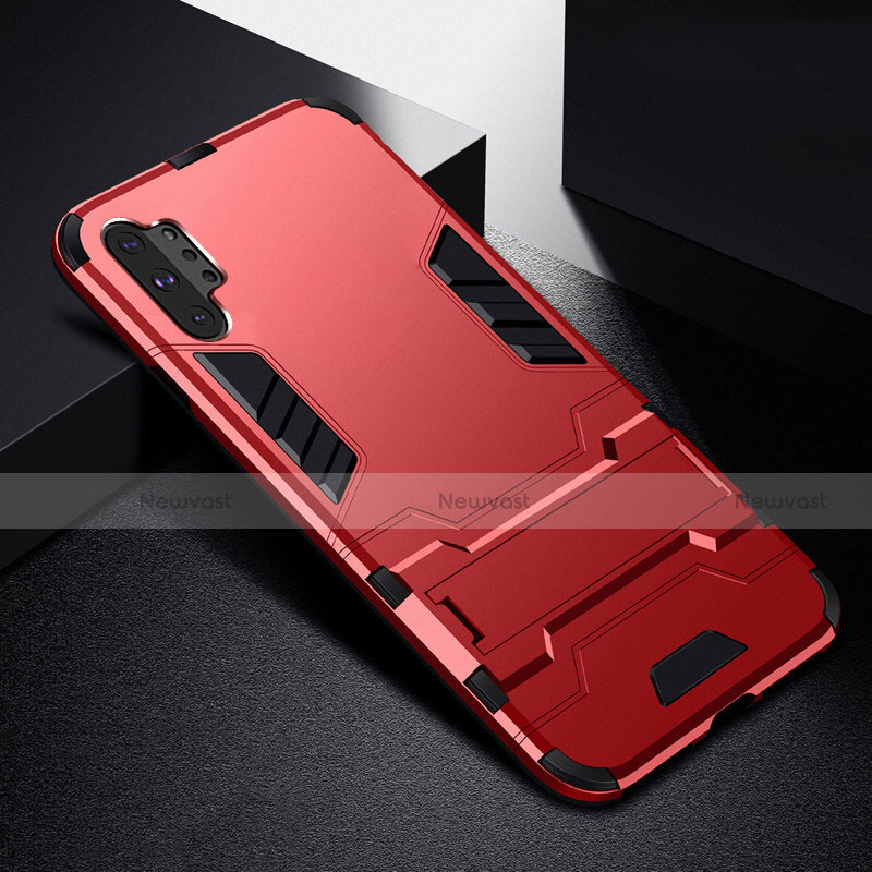 Silicone Matte Finish and Plastic Back Cover Case with Stand R02 for Samsung Galaxy Note 10 Plus Red