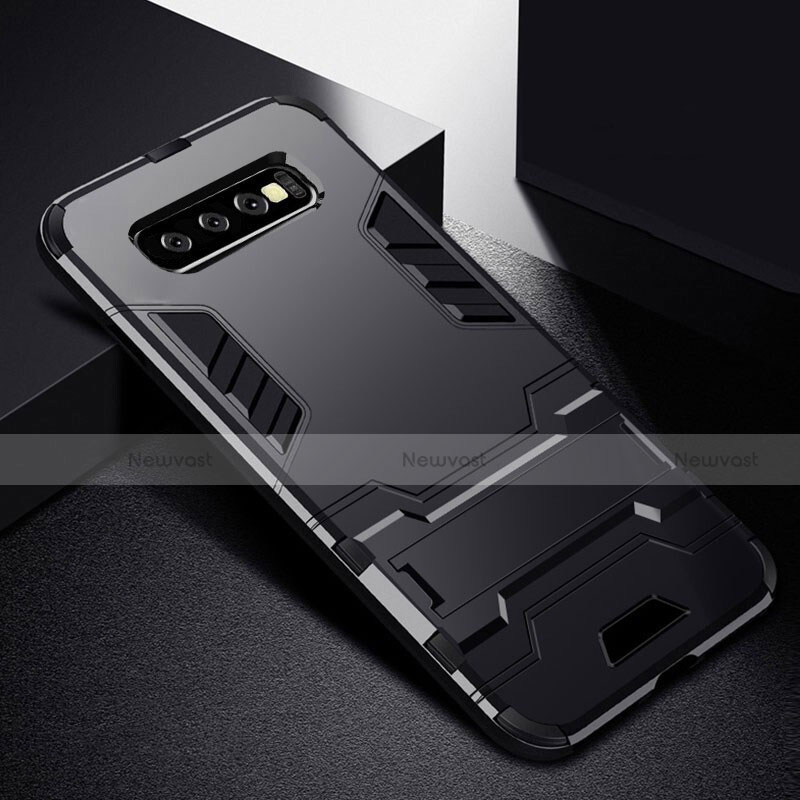 Silicone Matte Finish and Plastic Back Cover Case with Stand R02 for Samsung Galaxy S10 Black