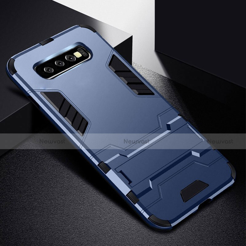 Silicone Matte Finish and Plastic Back Cover Case with Stand R02 for Samsung Galaxy S10 Plus Blue