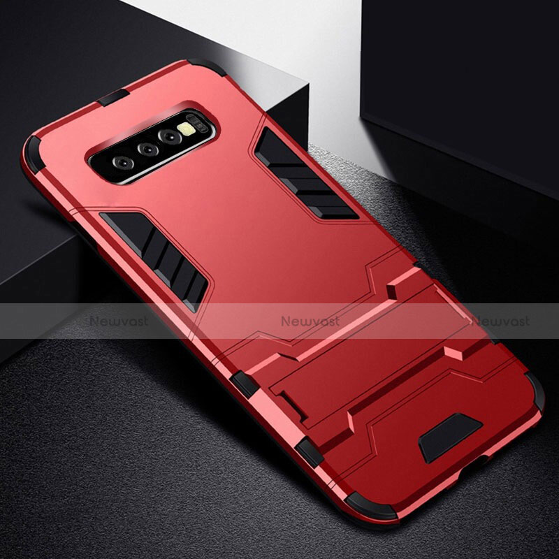 Silicone Matte Finish and Plastic Back Cover Case with Stand R02 for Samsung Galaxy S10 Plus Red