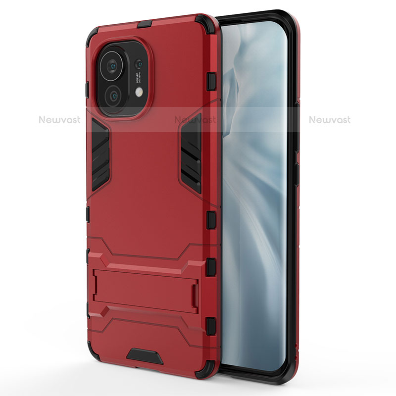 Silicone Matte Finish and Plastic Back Cover Case with Stand R02 for Xiaomi Mi 11 Lite 5G NE Red