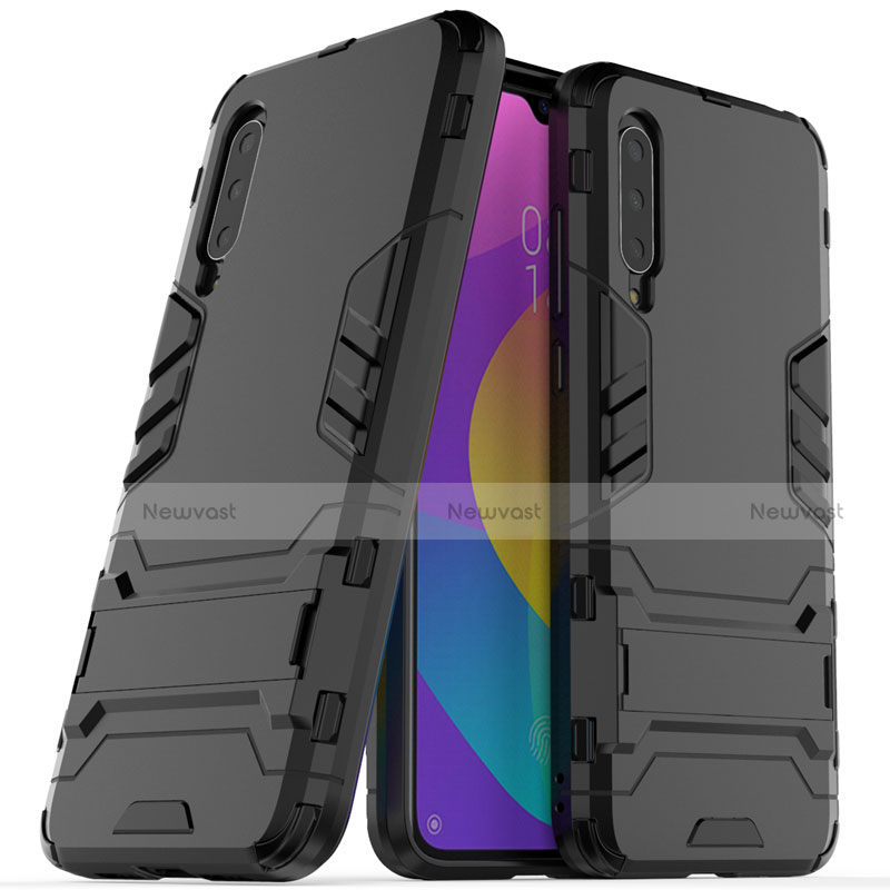 Silicone Matte Finish and Plastic Back Cover Case with Stand R02 for Xiaomi Mi A3 Black