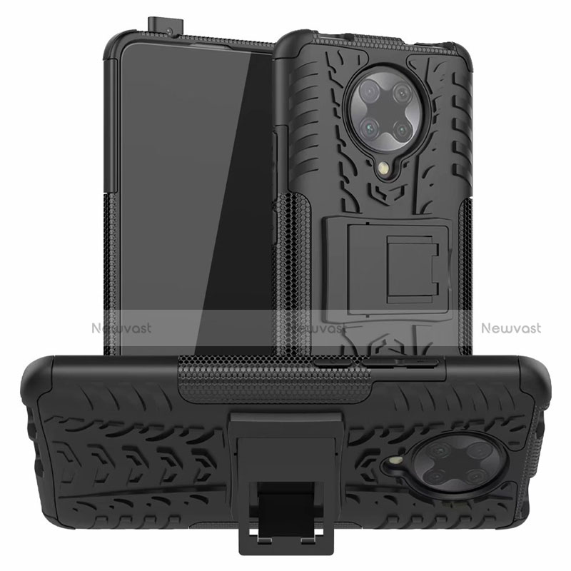 Silicone Matte Finish and Plastic Back Cover Case with Stand R02 for Xiaomi Poco F2 Pro Black