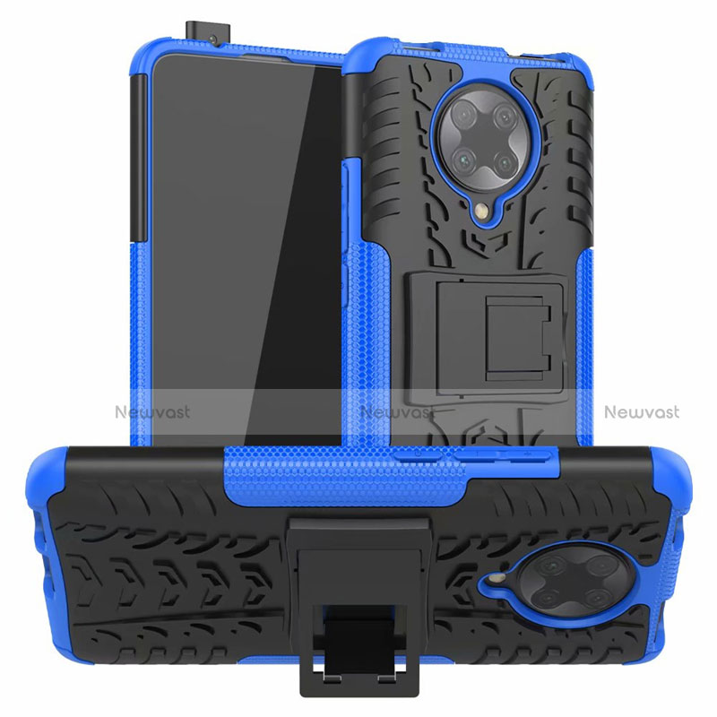 Silicone Matte Finish and Plastic Back Cover Case with Stand R02 for Xiaomi Poco F2 Pro Blue