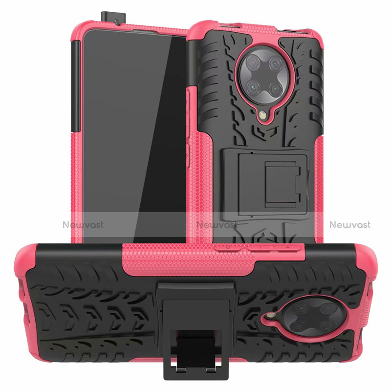 Silicone Matte Finish and Plastic Back Cover Case with Stand R02 for Xiaomi Poco F2 Pro Pink