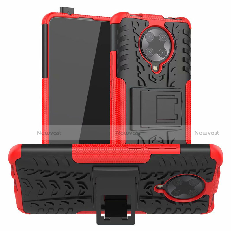 Silicone Matte Finish and Plastic Back Cover Case with Stand R02 for Xiaomi Poco F2 Pro Red