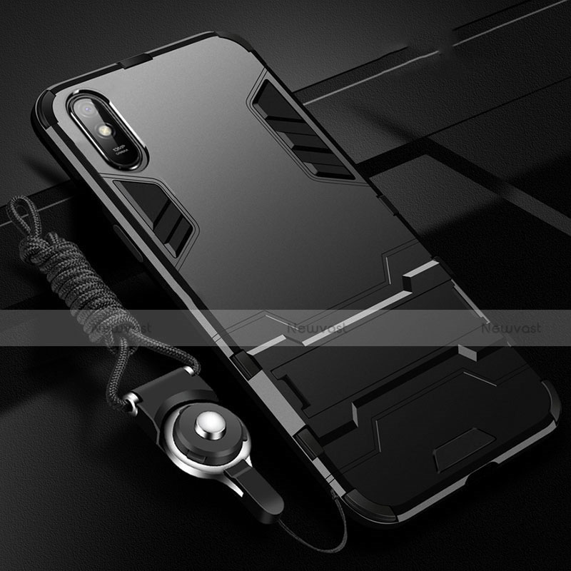 Silicone Matte Finish and Plastic Back Cover Case with Stand R02 for Xiaomi Redmi 9A Black