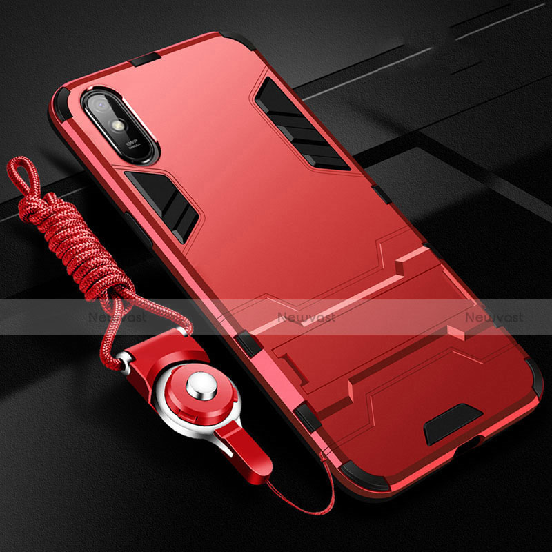 Silicone Matte Finish and Plastic Back Cover Case with Stand R02 for Xiaomi Redmi 9A Red