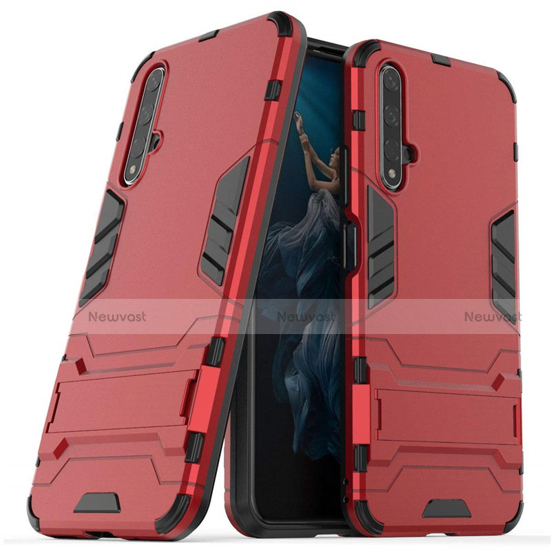 Silicone Matte Finish and Plastic Back Cover Case with Stand R03 for Huawei Honor 20S Red