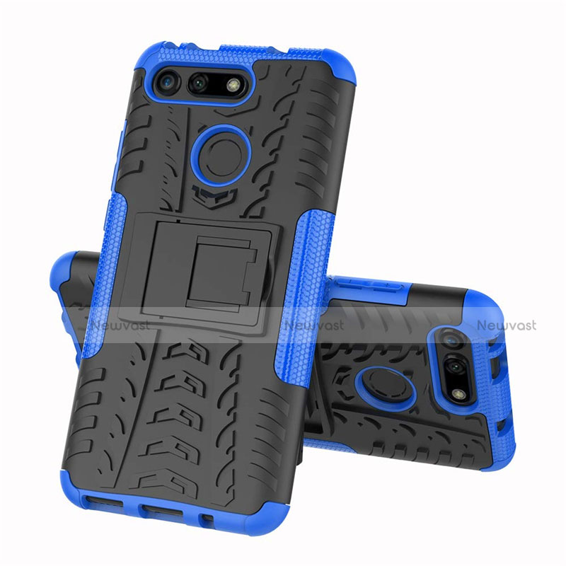 Silicone Matte Finish and Plastic Back Cover Case with Stand R03 for Huawei Honor View 20 Blue