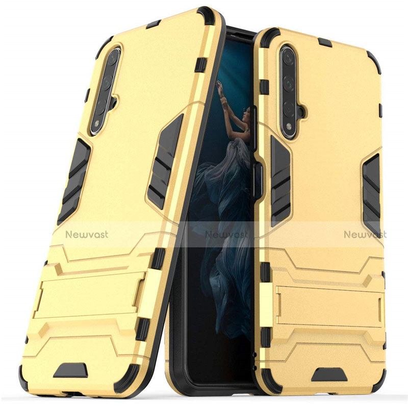 Silicone Matte Finish and Plastic Back Cover Case with Stand R03 for Huawei Nova 5T Gold