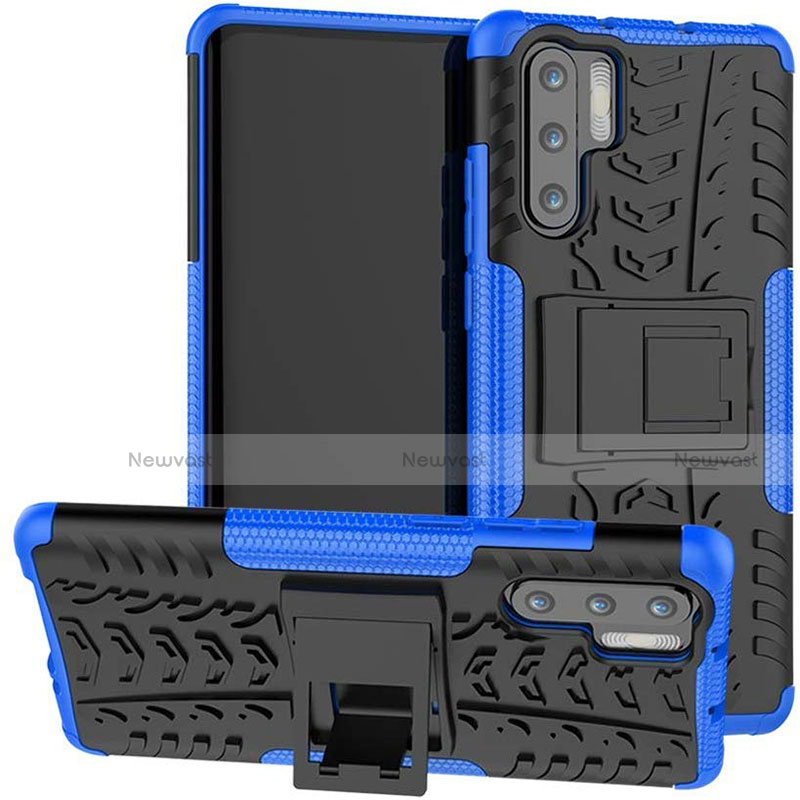 Silicone Matte Finish and Plastic Back Cover Case with Stand R03 for Huawei P30 Pro New Edition Blue