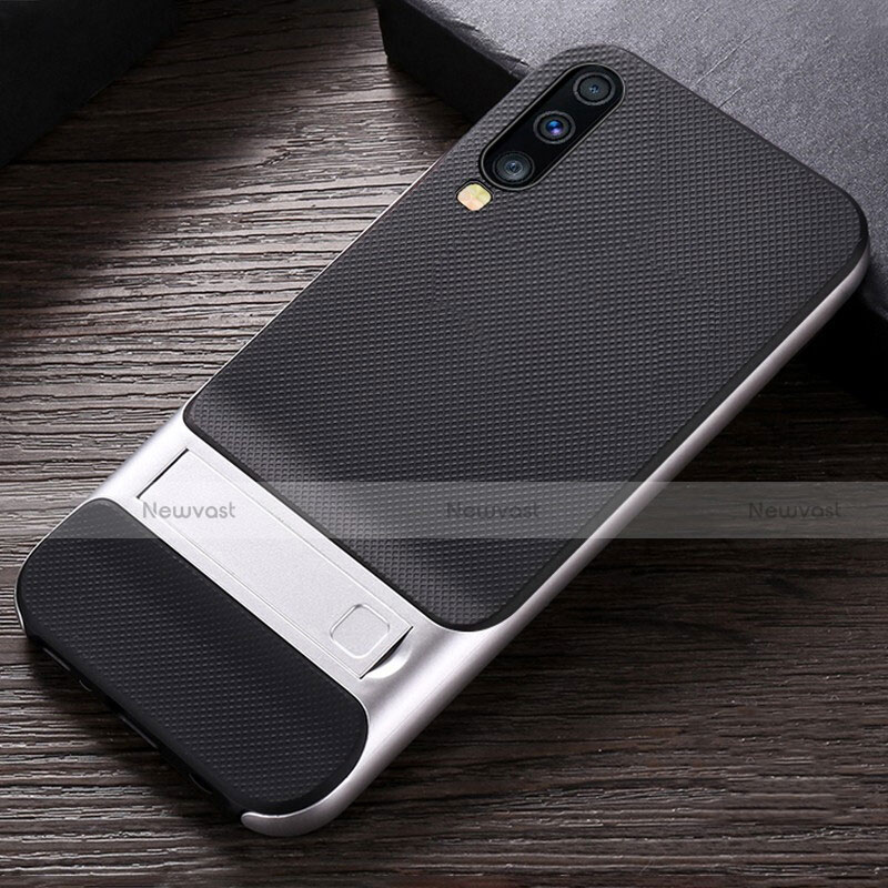 Silicone Matte Finish and Plastic Back Cover Case with Stand R03 for Samsung Galaxy A70 Silver