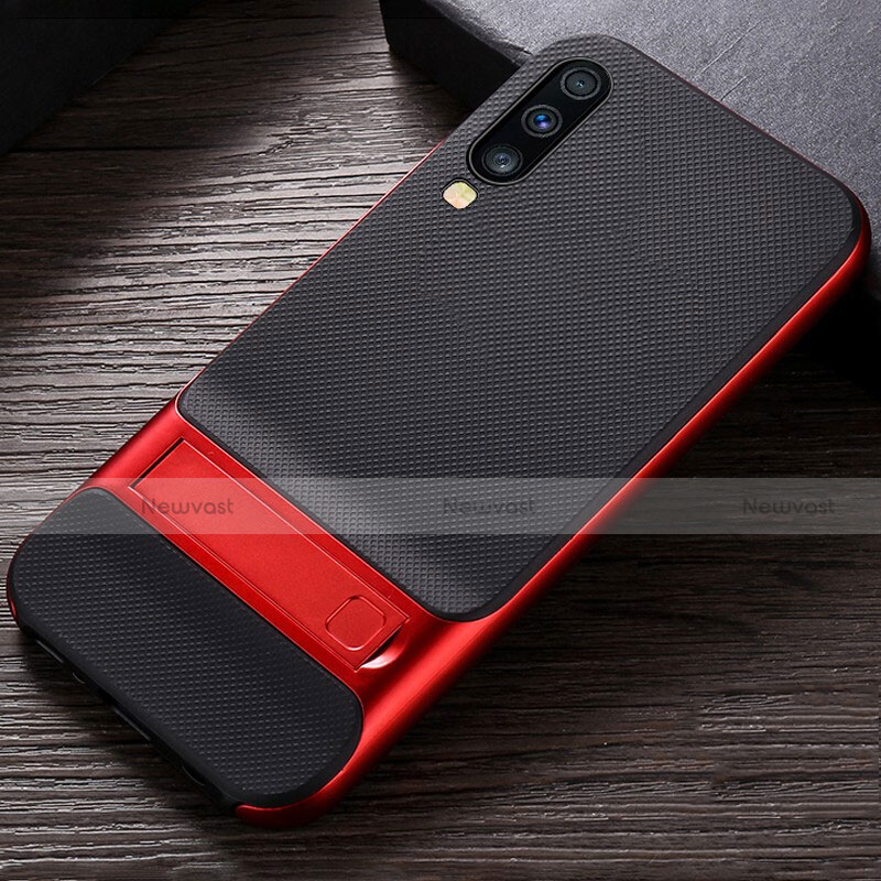 Silicone Matte Finish and Plastic Back Cover Case with Stand R03 for Samsung Galaxy A70S Red