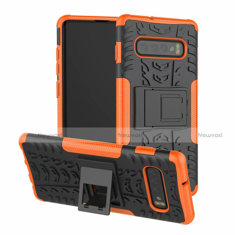 Silicone Matte Finish and Plastic Back Cover Case with Stand R03 for Samsung Galaxy S10 Plus Orange