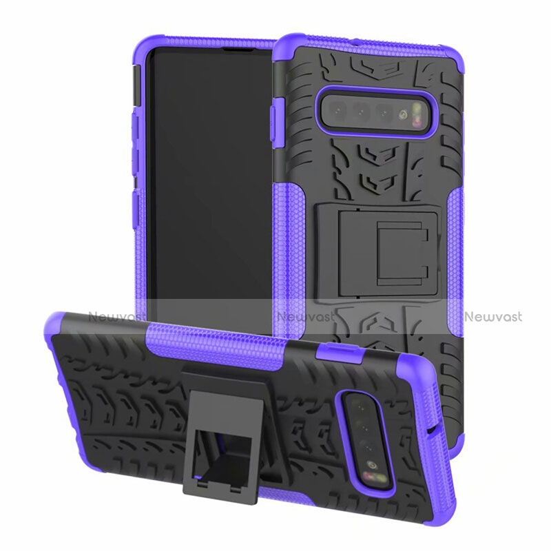 Silicone Matte Finish and Plastic Back Cover Case with Stand R03 for Samsung Galaxy S10 Plus Purple