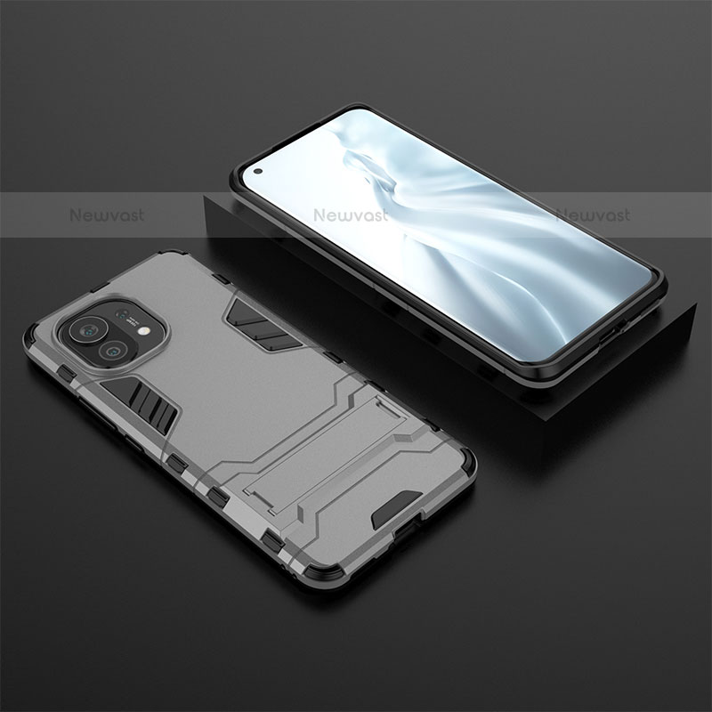 Silicone Matte Finish and Plastic Back Cover Case with Stand R03 for Xiaomi Mi 11 Lite 5G NE Gray