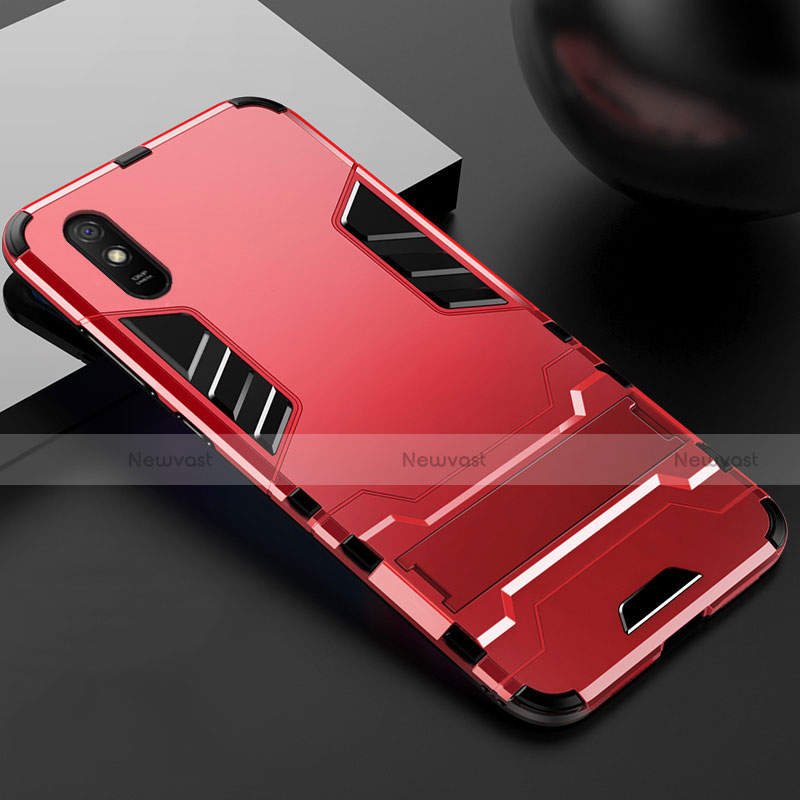 Silicone Matte Finish and Plastic Back Cover Case with Stand R03 for Xiaomi Redmi 9A Red