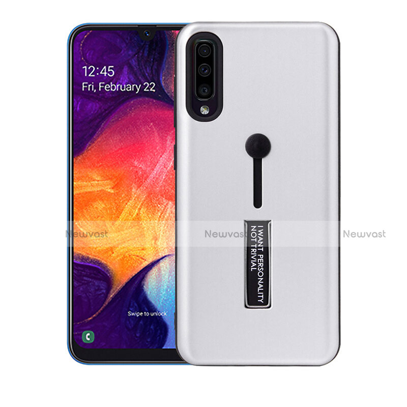 Silicone Matte Finish and Plastic Back Cover Case with Stand R04 for Samsung Galaxy A70 Silver