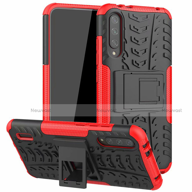 Silicone Matte Finish and Plastic Back Cover Case with Stand R04 for Xiaomi Mi A3 Red
