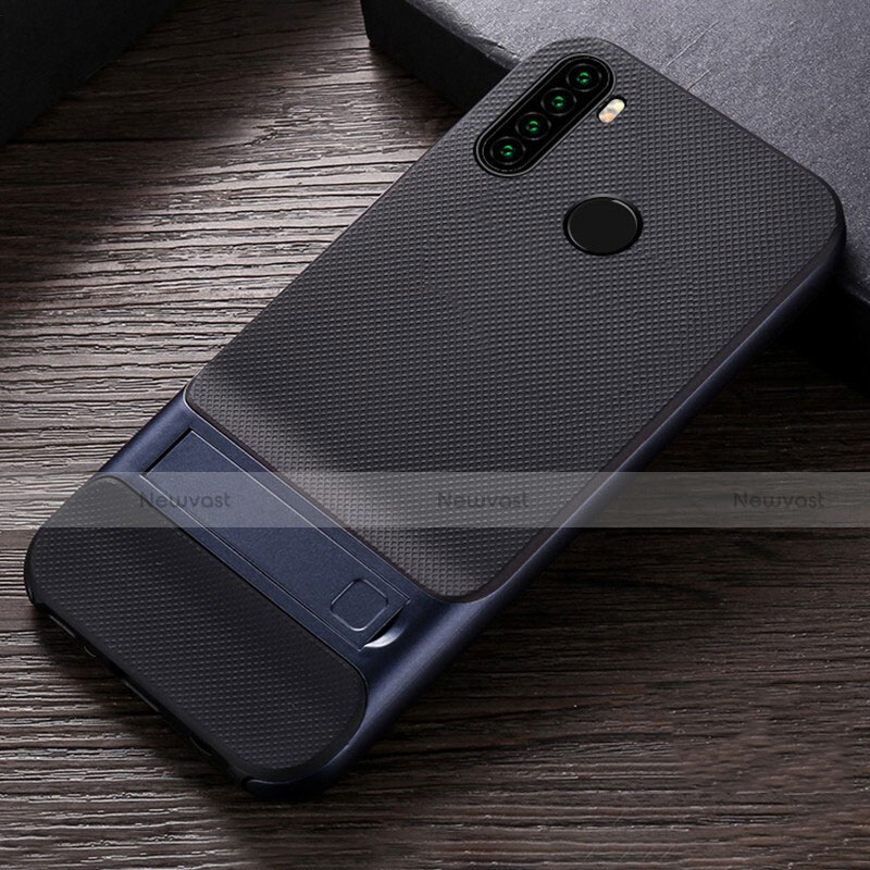 Silicone Matte Finish and Plastic Back Cover Case with Stand R04 for Xiaomi Redmi Note 8 (2021)