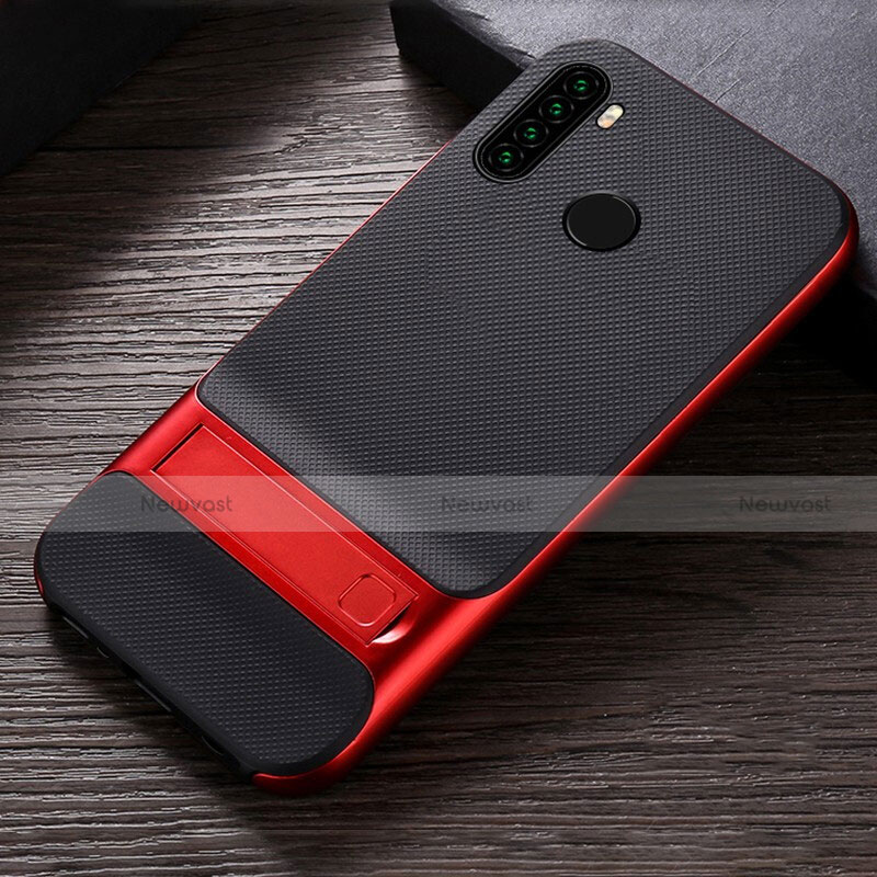 Silicone Matte Finish and Plastic Back Cover Case with Stand R04 for Xiaomi Redmi Note 8 (2021) Red