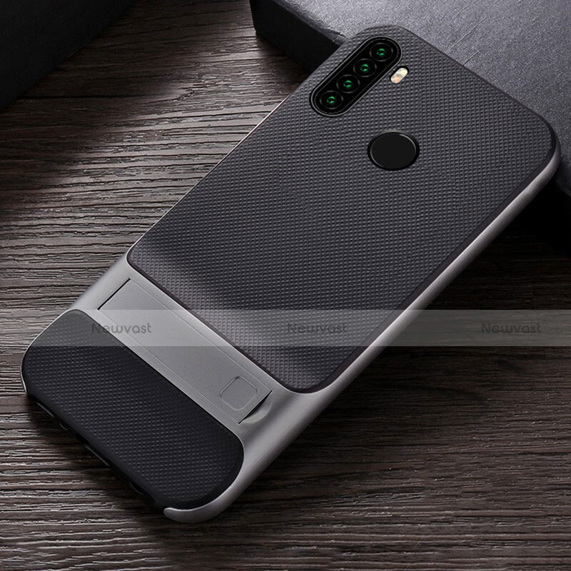 Silicone Matte Finish and Plastic Back Cover Case with Stand R04 for Xiaomi Redmi Note 8 (2021) Silver