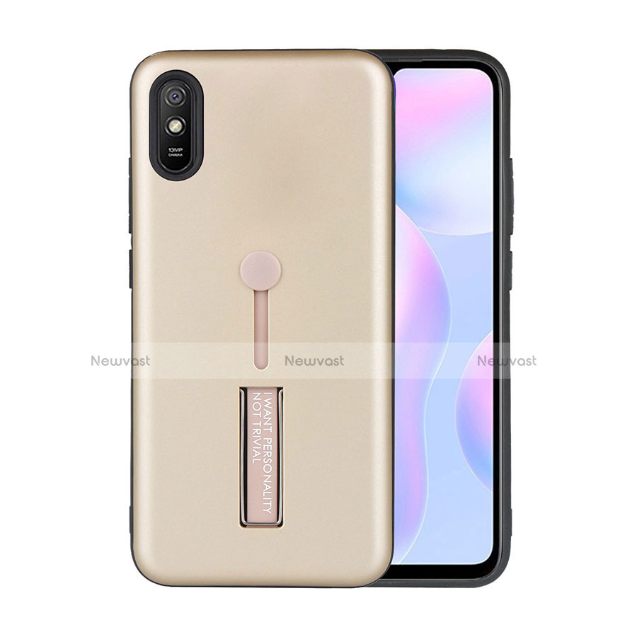 Silicone Matte Finish and Plastic Back Cover Case with Stand R05 for Xiaomi Redmi 9i Gold